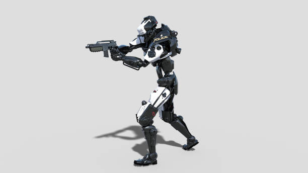 istock Police robot, law enforcement cyborg, android cop shooting gun isolated on white background, 3D render 1053519510