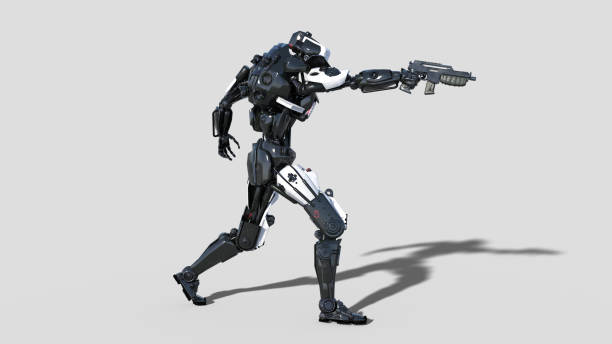 istock Police robot, law enforcement cyborg, android cop shooting gun on white background, 3D render 1053519542