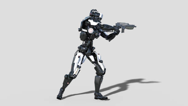 istock Police robot, law enforcement cyborg, android cop shooting gun on white background, side view, 3D render 1053519556