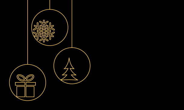golden christmas baubles with snowflake, xmas tree and gift box golden christmas baubles with snowflake, xmas tree and gift box snowflake shape silhouettes stock illustrations