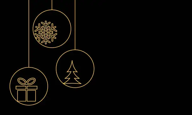 Vector illustration of golden christmas baubles with snowflake, xmas tree and gift box