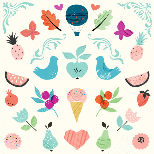 ilustraciones, imágenes clip art, dibujos animados e iconos de stock de elementos de diseño - fruit watermelon drawing doodle