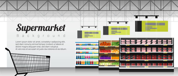 ilustrações de stock, clip art, desenhos animados e ícones de modern supermarket with products and shopping cart background , vector , illustration - food shopping