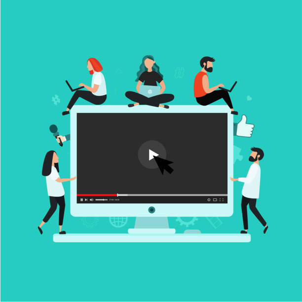 Video Video concept illustration. Flat design with desktop computer and people. Cinema. Video marketing campaign. Content. Vlog. people borders stock illustrations