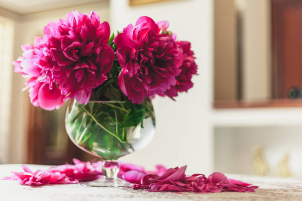 istock red peonies in glass vase stand on table 1053528128