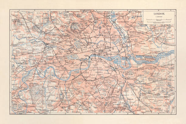 교외, 영국, 석판 화, 1897 게시와 런던의 도시 지도 - london england old fashioned england old stock illustrations