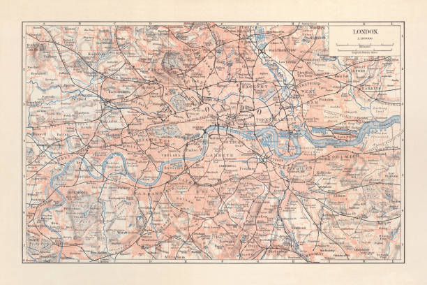City map of London with suburbs, capital of England and the United Kingdom. Lithograph, published in 1897.