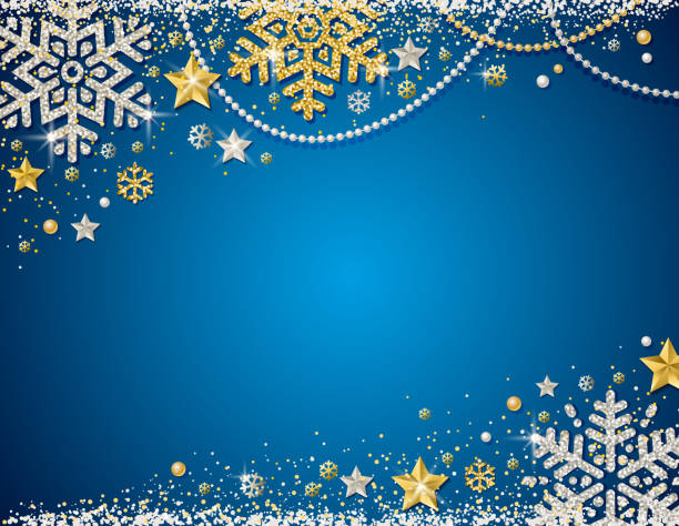 Blue Christmas Background With Frame Of Golden And Silver Glittering  Snowflakes Stars And Garlands Vector Illustration Stock Illustration -  Download Image Now - iStock