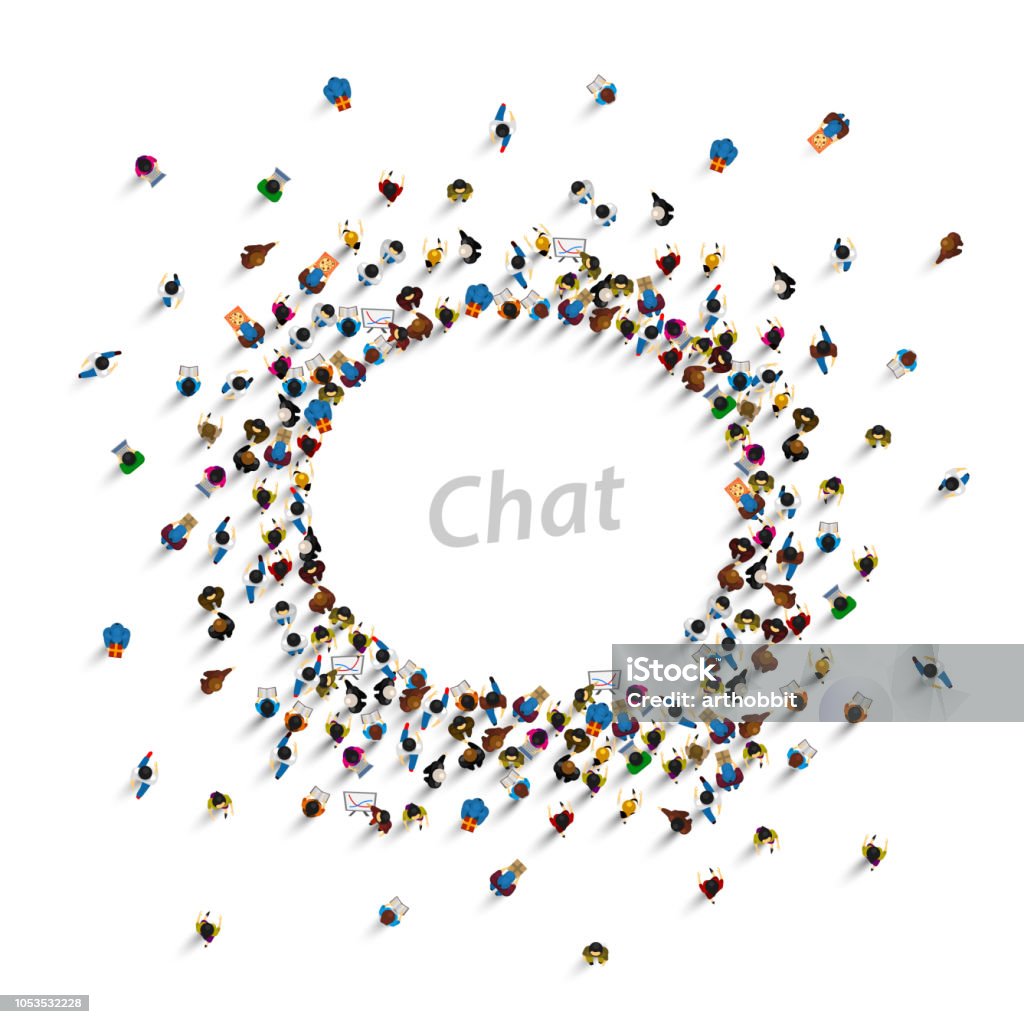 Gruppo di persone a forma di icona di chat, isolato su sfondo bianco. Illustrazione vettoriale - arte vettoriale royalty-free di Persone