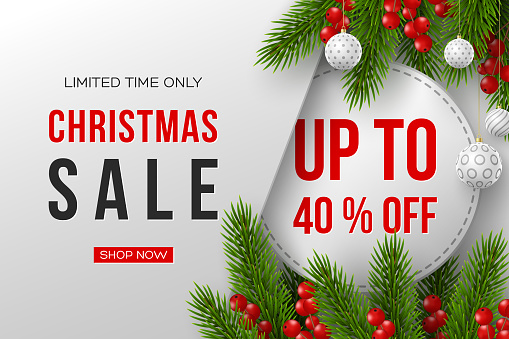 Christmas sale banner. Realistic fir-tree branches with berries and balls. Vector illustration for winter holiday discounts.