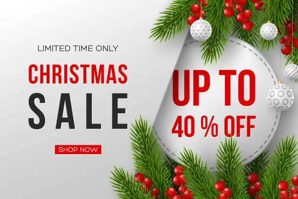 Vector illustration of Christmas sale banner with decorative elements.