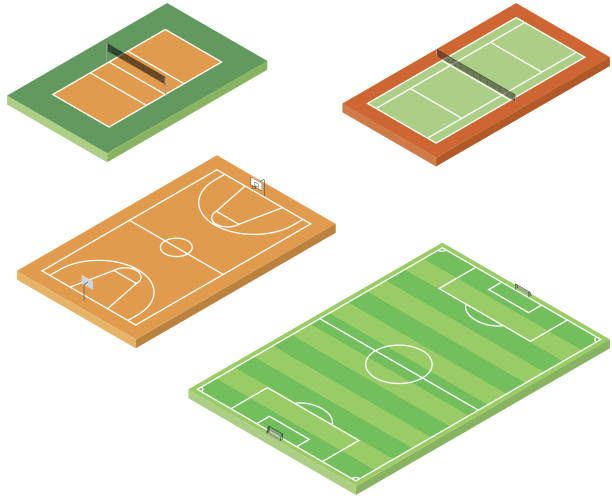 ilustraciones, imágenes clip art, dibujos animados e iconos de stock de campo de deporte baloncesto voleibol tenis vector isométrica - soccer field soccer corner stadium