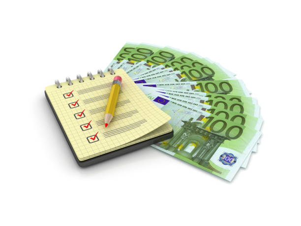 istock Spiral Note Pad with Check List and Euro Bills - 3D Rendering 1053541674