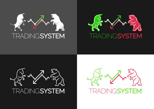 ilustraciones, imágenes clip art, dibujos animados e iconos de stock de emblema del sistema de comercio - stock market bull bull market bear