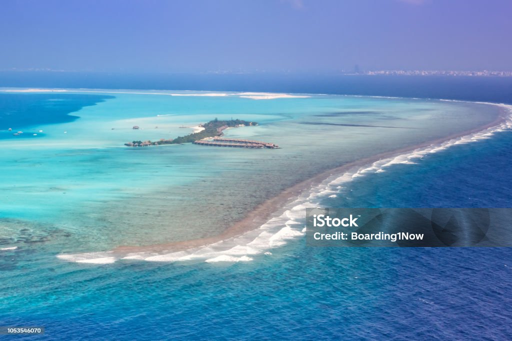 Maldives vacation paradise sea island atoll lagoon aerial photo Maldives vacation paradise sea island atoll lagoon aerial photo tourism Island Stock Photo