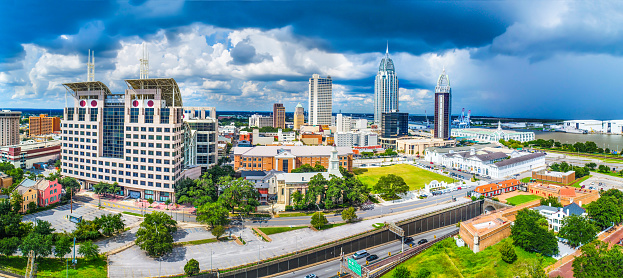 Aerial Panorama of Downtown Mobile, Alabama, USA Skyline