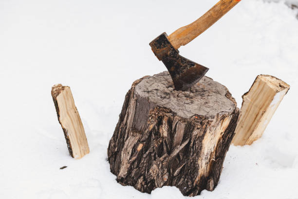 istock ax sticks out in stump against background of white snow 1053551286