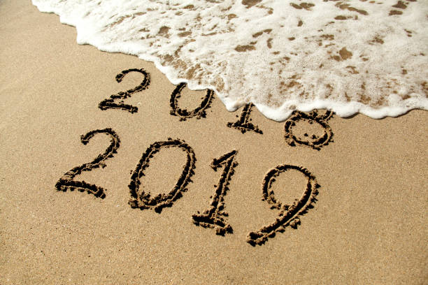 istock New year 2019 and old year 2018 written on sandy beach with waves 1053553722