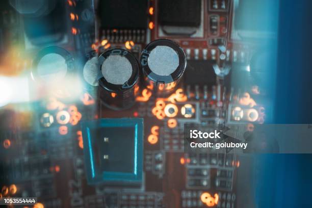 Capacitor Microchip Print Circuit Board Innovation Stock Photo - Download Image Now - Capacitor, CPU, Circuit Board