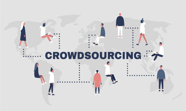 ilustrações, clipart, desenhos animados e ícones de plataforma de crowdsourcing. mapa do mundo. milenares profissionais. trabalho de projecto. ilustração em vetor editável plana, clip-art - crowdsource