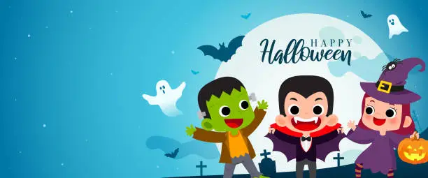 Vector illustration of Happy Halloween banner vector illustration. Frankenstein, Count Dracula and Witch Cartoon style. Kids in Halloween costume party.