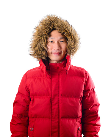 Portrait asian man wearing overcoat with standing on white background.