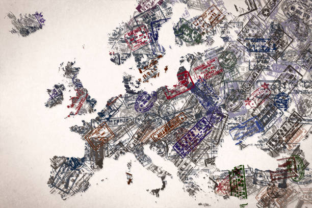 Background of passport stamps on paper.\nStamps are not genuine original stamps. They are designed.