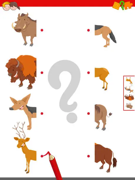 Vector illustration of join halves of animal pictures educational game