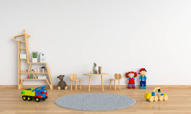 istock Table and chair in white child room for mockup, 3D rendering 1053572636