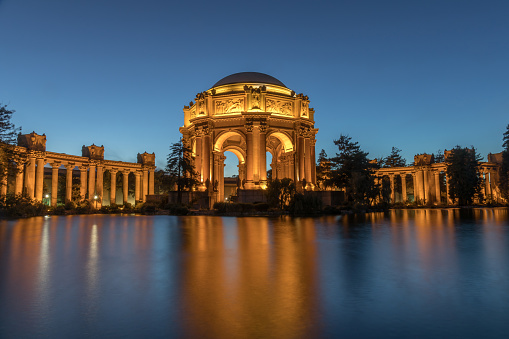 San Francisco, California - September 16, 2018: The Palace of Fine Arts in the evening with reflection from pond.