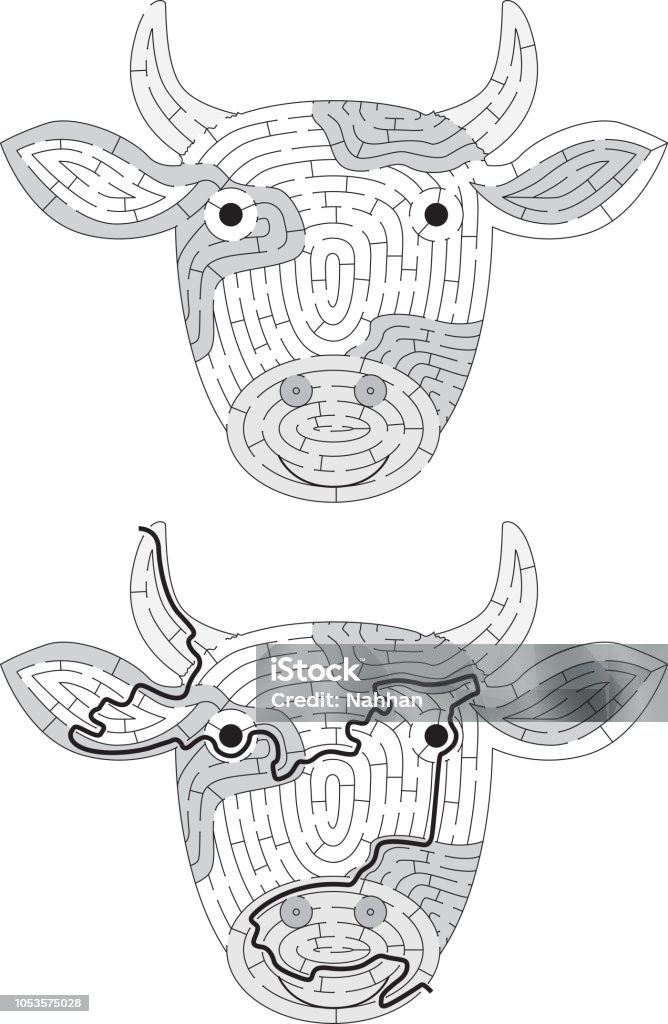 Cow maze Cow maze for kids with a solution in black and white Cow stock vector