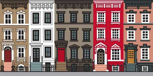 ilustrações de stock, clip art, desenhos animados e ícones de old apartment buildings and facades of new york - brooklyn nova iorque
