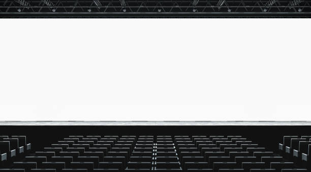 пустой белый большой экран в макете презентационный зал, вид спереди - front panel стоковые фото и изображения