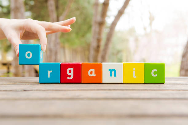 organic, word and hand - organic single word environment block imagens e fotografias de stock