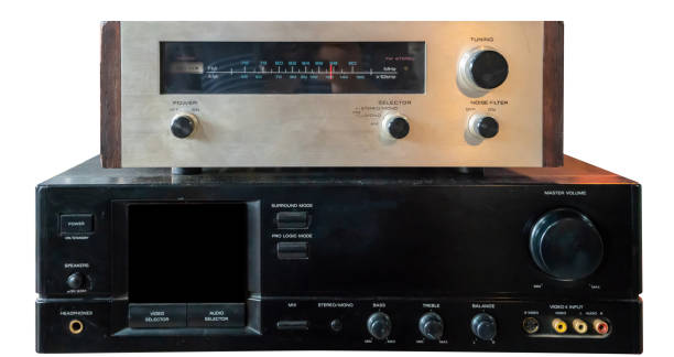 istock Hifi system amplifier. Home musical equipment closeup. Vintage stereo receiver 1053582622
