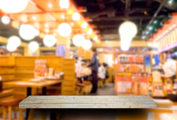Empty rock shelf display with Izakaya japanese restaurant background stock photo
