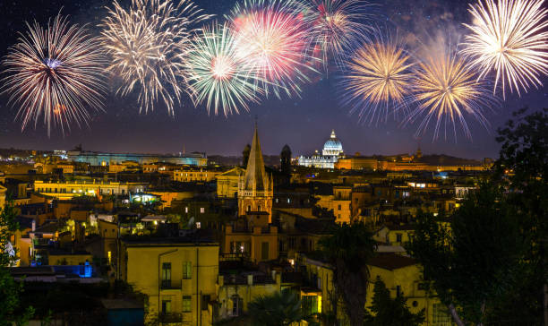 istock Night panorama of Rome with fireworks, Italy 1053583520