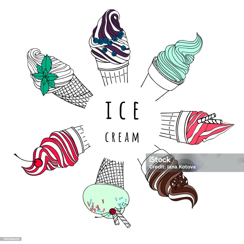 Ice cream cones. Hand drawn various types of ice cream. Vector illustration. Ice Cream Cone stock vector