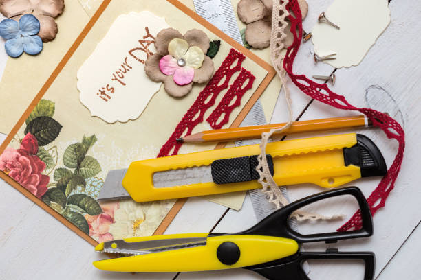istock scrapbook background. Card and tools with decoration 