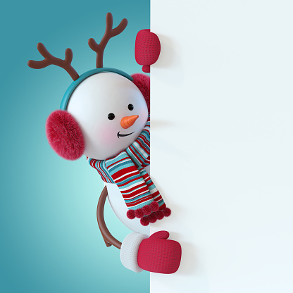 3d render, christmas snowman character, wearing furry headphones, reindeer antler, scarf, holding blank banner, greeting card template, space for text, winter holiday clip art, funny toy, illustration