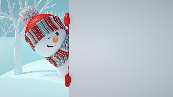 render 3D, muñeco de nieve lindo parpadeando, jugando a las escondidas y buscar, mirando hacia la esquina, sosteniendo la bandera en blanco, página en blanco, Fondo de Navidad, año nuevo, tarjeta de felicitación, espacio para texto, paisaje de invierno photo