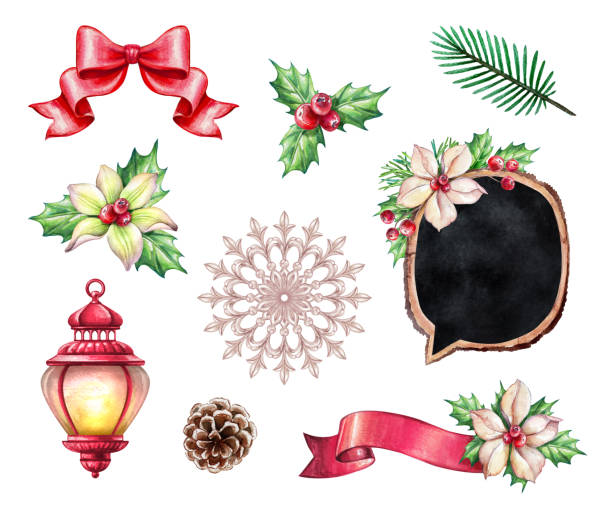 Christmas design elements, holiday floral ornaments, lantern, red rose, white lilly, ribbon tag, botanical decor, watercolor illustration, isolated on white background Christmas design elements, holiday floral ornaments, lantern, red rose, white lilly, ribbon tag, botanical decor, watercolor illustration, isolated on white background rose christmas red white stock illustrations