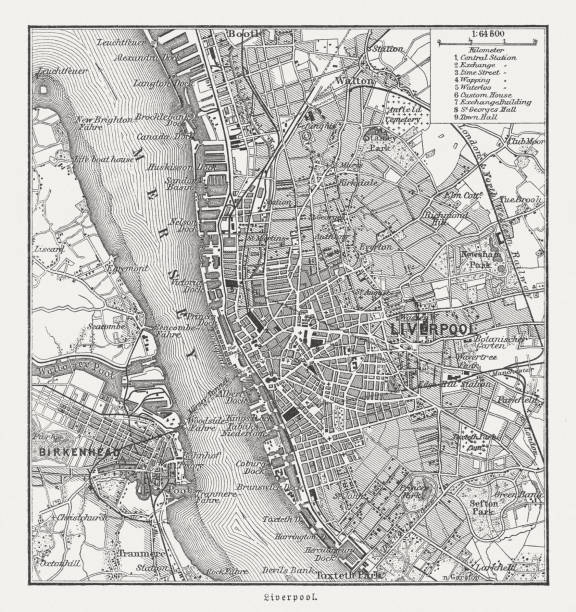 City map of Liverpool and Birkenhead, England, woodcut, published 1897 City map of Liverpool and Birkenhead, England, United Kingdom. Wood engraving, published in 1897. river mersey northwest england stock illustrations