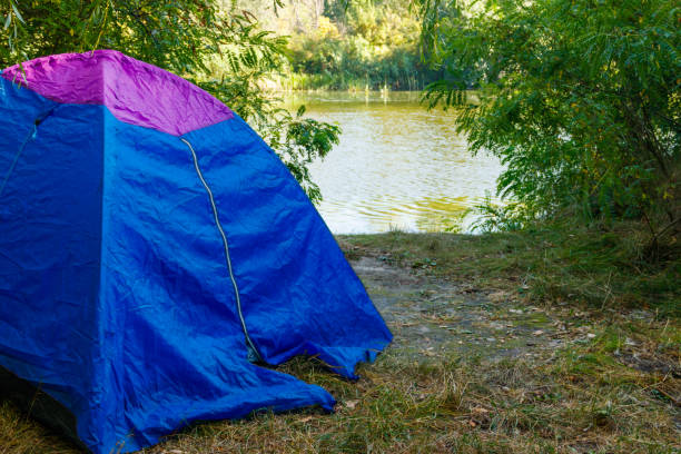 istock Blue camping tent in forest near a river 1053603244