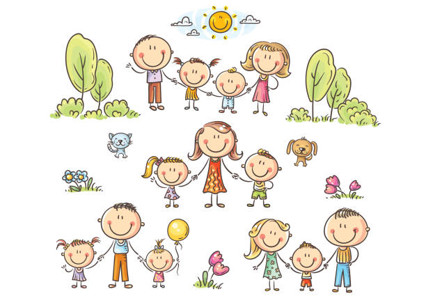 Happy families set with children, vector illustration vector art illustration