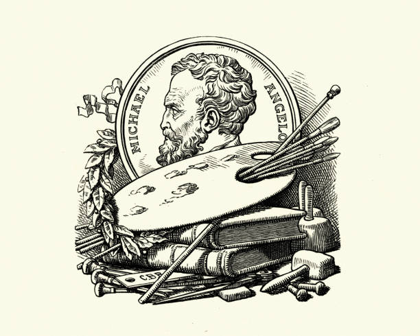 Michelangelo surrended by his tools and artist palette Vintage engraving of Michelangelo surrended by his tools and artist palette michelangelo stock illustrations
