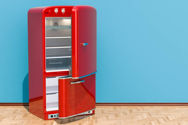 istock Opened Red Fridge, retro design in room on the wooden floor, 3D rendering 1053631954