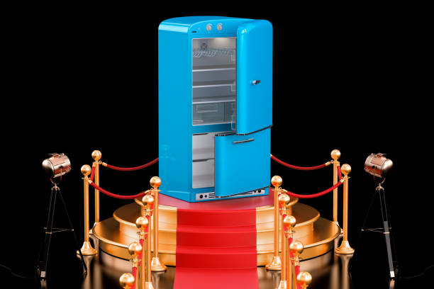 istock Podium with refrigerator, 3D rendering isolated on black background 1053631956