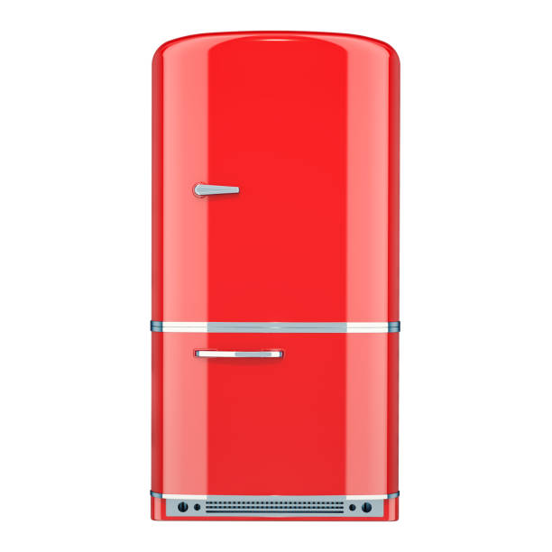 istock Red Fridge, retro design. 3D rendering isolated on white background 1053631974
