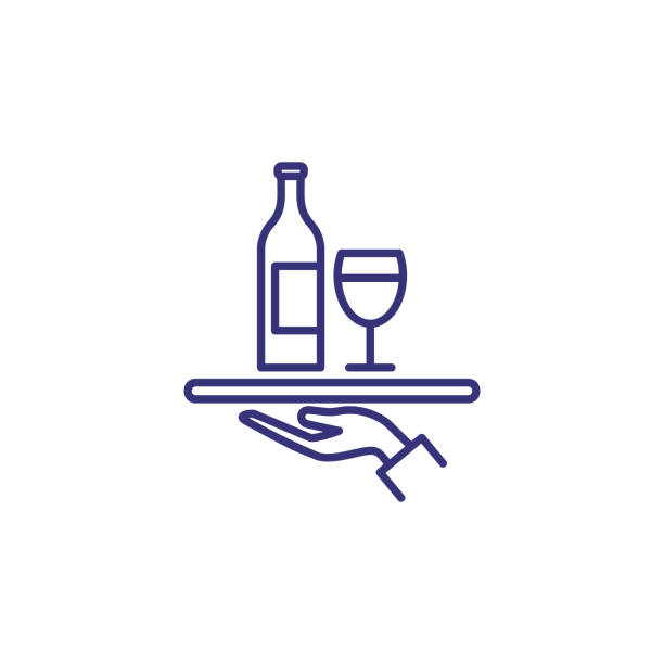 Serving wine line icon Serving wine line icon. Tray, drink, beverage. Restaurant concept. Vector illustration can be used for topics like event, celebration, catering merlot grape stock illustrations